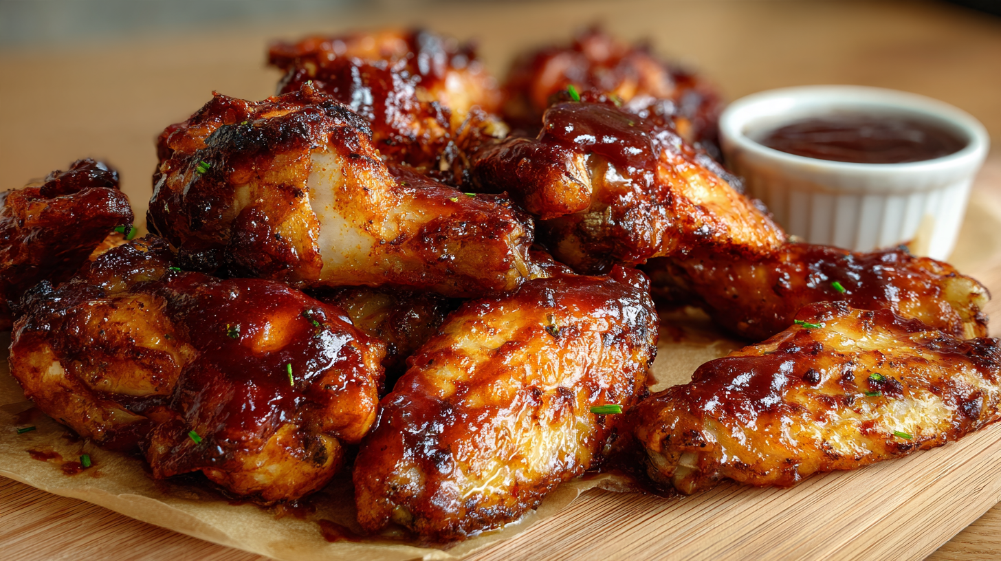 Crispy BBQ chicken wings in the oven with sticky glossy barbecue sauce