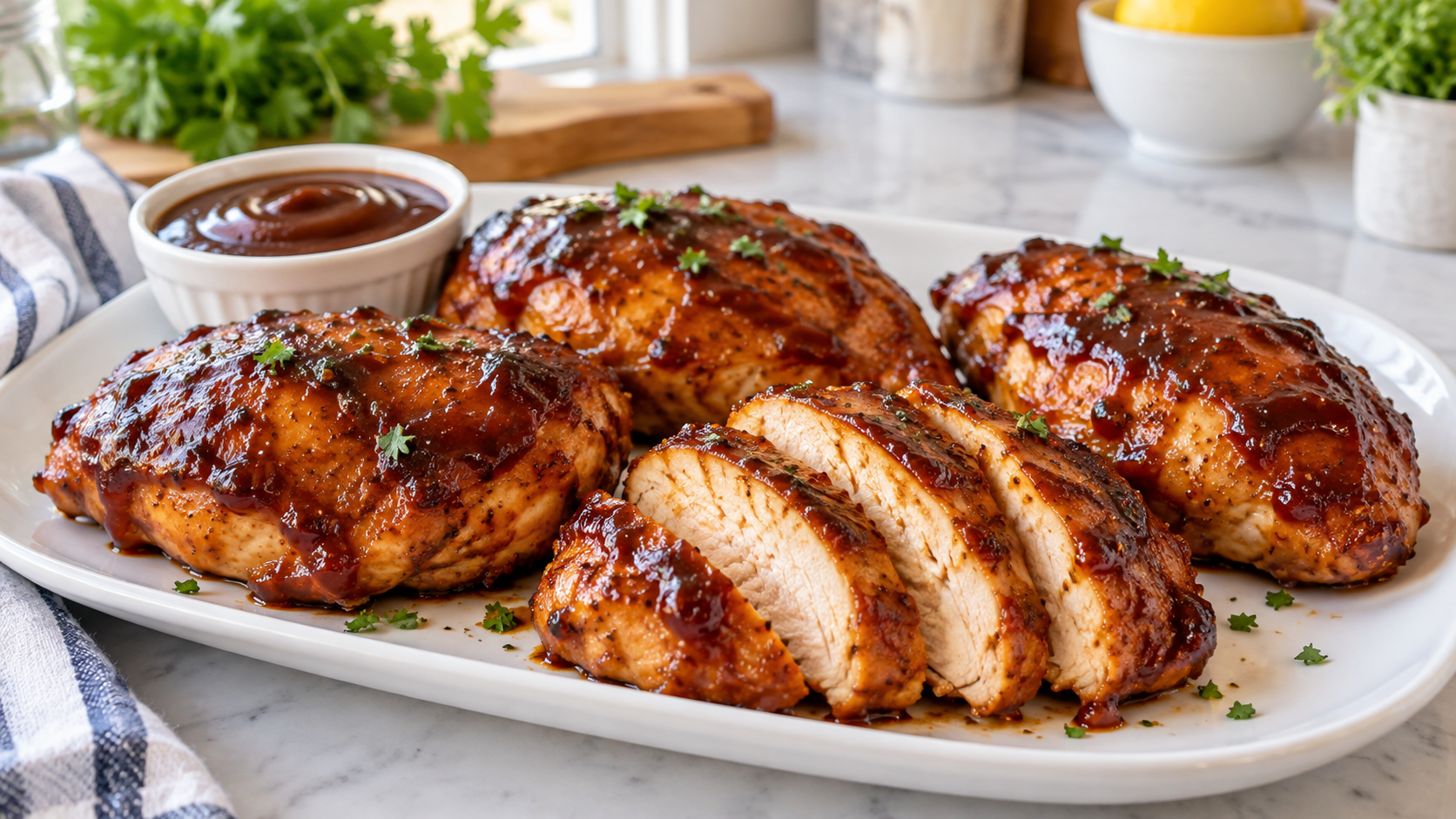 Oven BBQ chicken breast with glossy sticky barbecue glaze and juicy sliced chicken